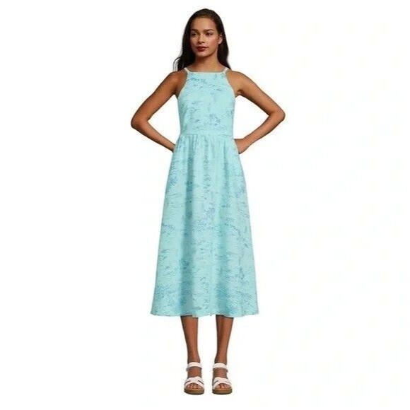 Lands' End Blue High Neck Halter Linen Midi Dress Sailboat Beach print L - Picture 1 of 10